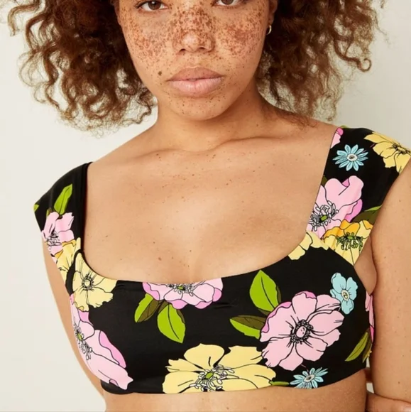 PINK 4 Way Reversible Cap Sleeve Bikini Top in Floral Black, Size Large - Picture 1 of 8